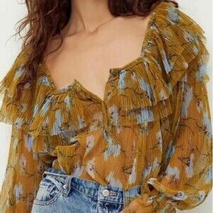 Free People Frills and Thrills Mustard Blue Button front Top Size XS